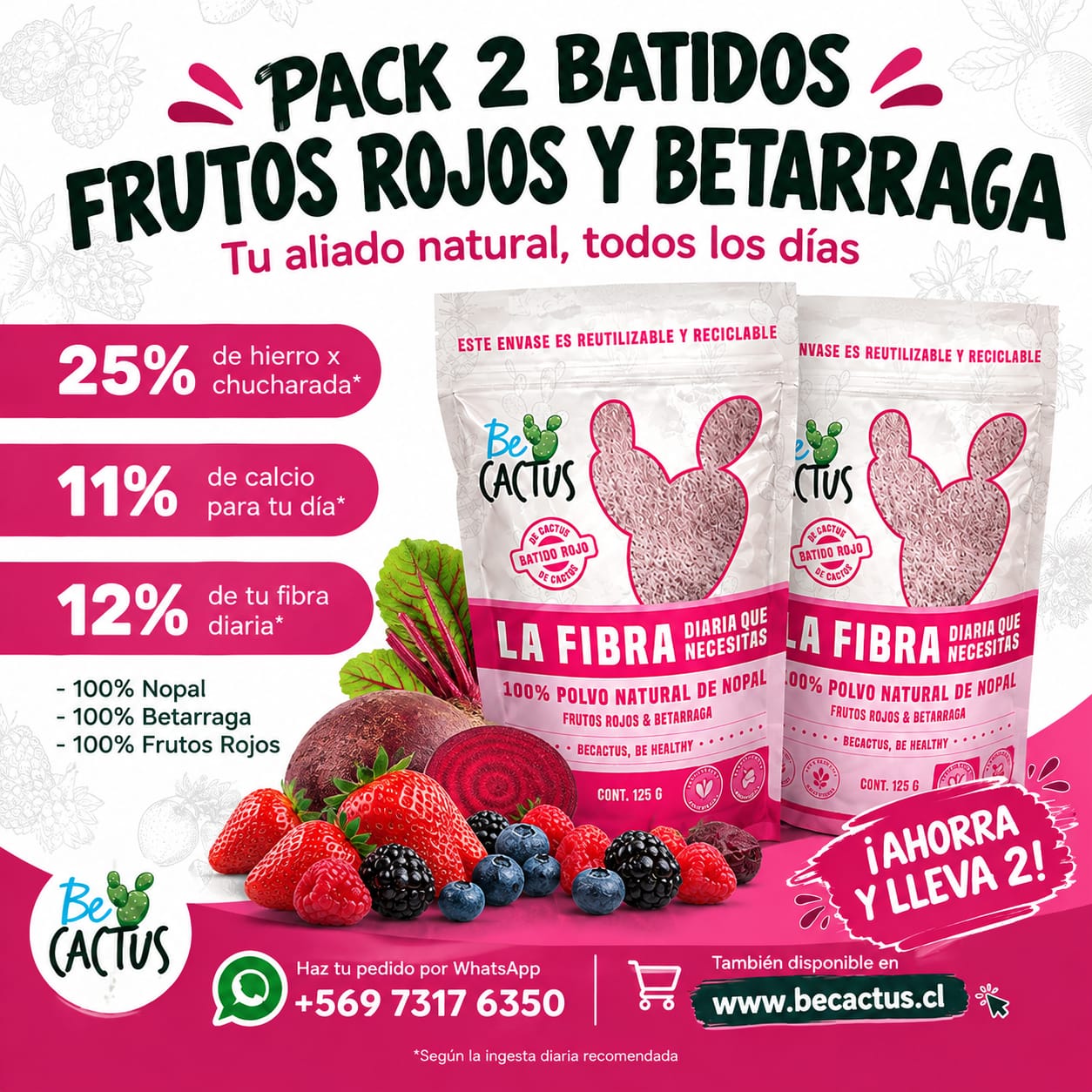 Pack Batido Rojo (Antioxidante) de nopal con frutos rojos y betarraga- BeCactus 125 g