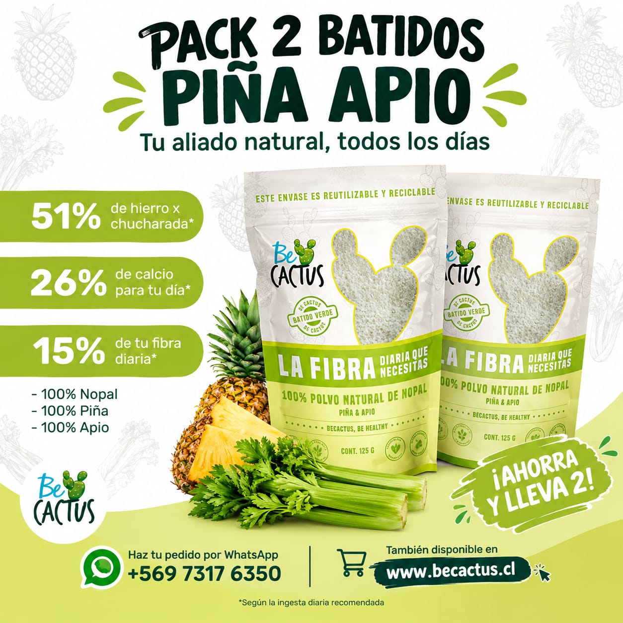 Pack Batido Verde (Detox) de nopal con piña y apio- BeCactus 125 g